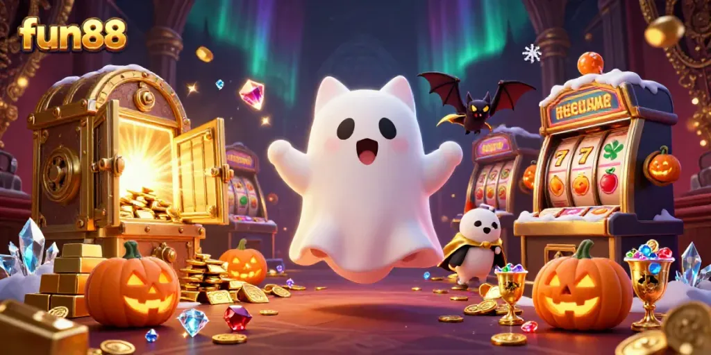 Experience thrilling fun88 adventures in a vibrant haunted casino scene with a ghost cat and treasures.