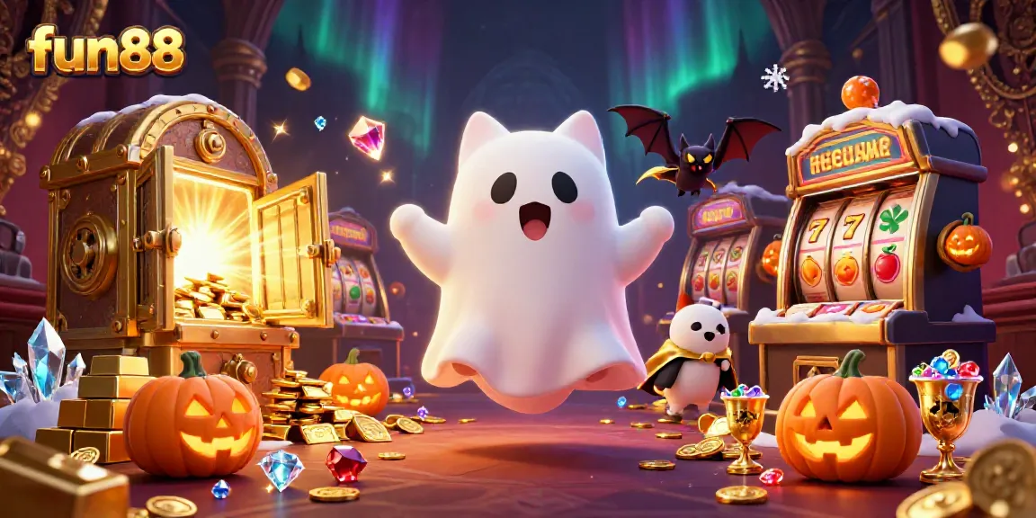 Experience thrilling fun88 adventures in a vibrant haunted casino scene with a ghost cat and treasures.