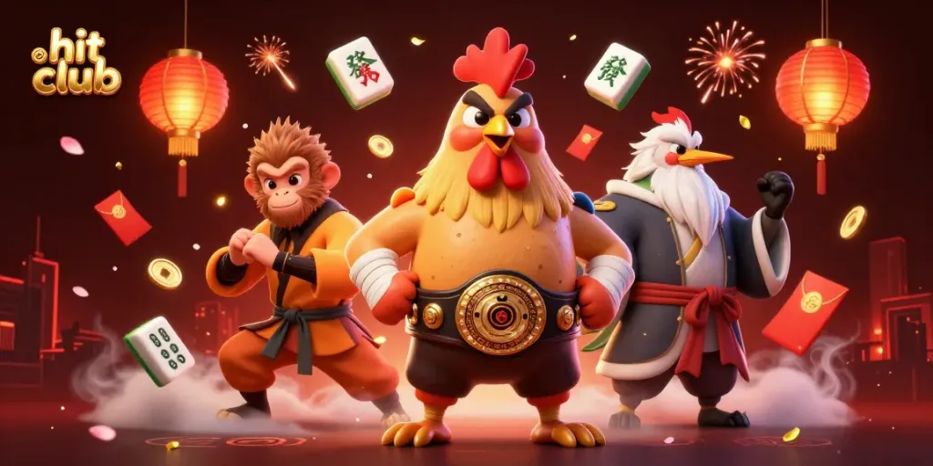 Witness the hit club action with a fierce rooster and martial artists, surrounded by glowing game elements.