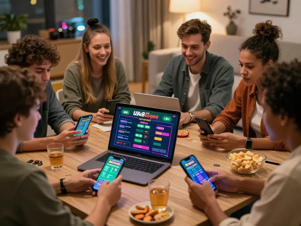 Engaging group enjoying sports betting on https://uk88win.org/ with laptops and mobile devices in a vibrant living room.
