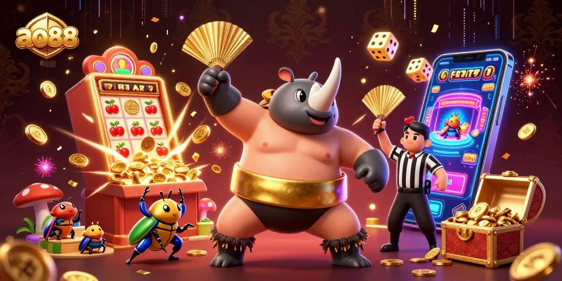 Engage in exciting gameplay at ao88 with a vibrant scene featuring a sumo champion beetle and jackpot slot machine.