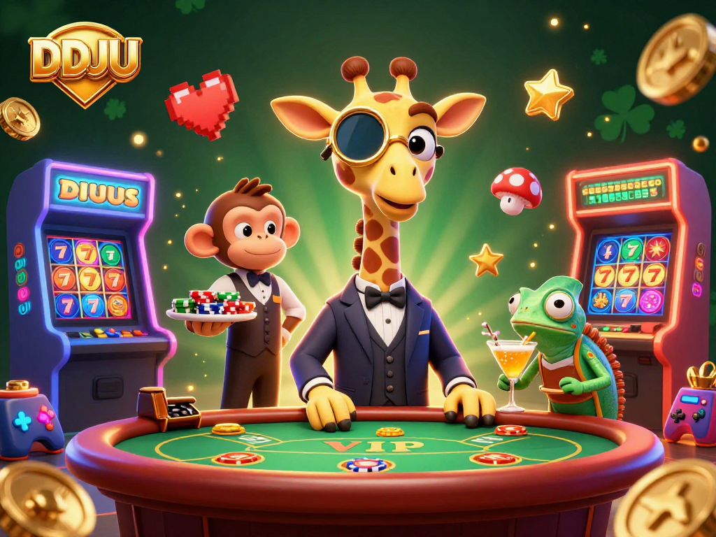 Experience the excitement of DDUU with vibrant 3D illustration featuring a high-roller giraffe and casino elements.