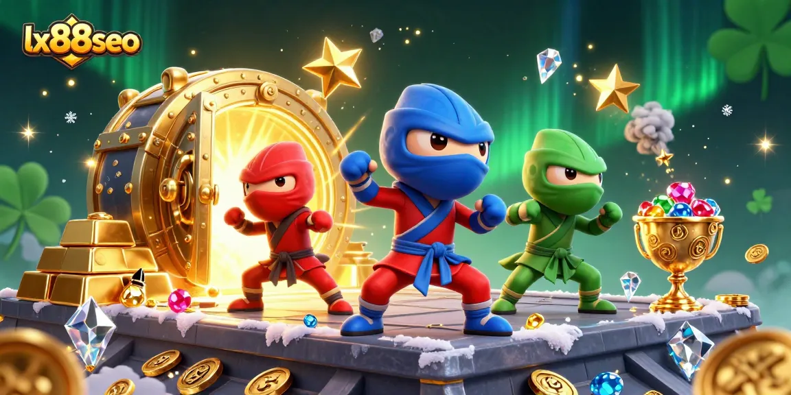 Experience thrilling gaming action with the lx88seo ninja team of chameleons surrounded by treasure.