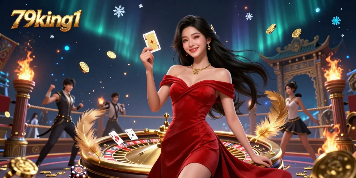 Experience thrilling wins at 79king1 with a vibrant casino scene featuring a glamorous woman and rich game elements.