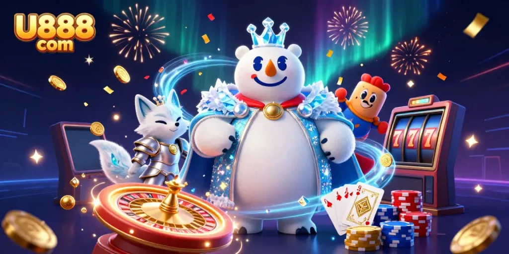 Experience thrilling gaming at U888 com with vibrant scenes of a polar bear and fox amidst casino excitement.