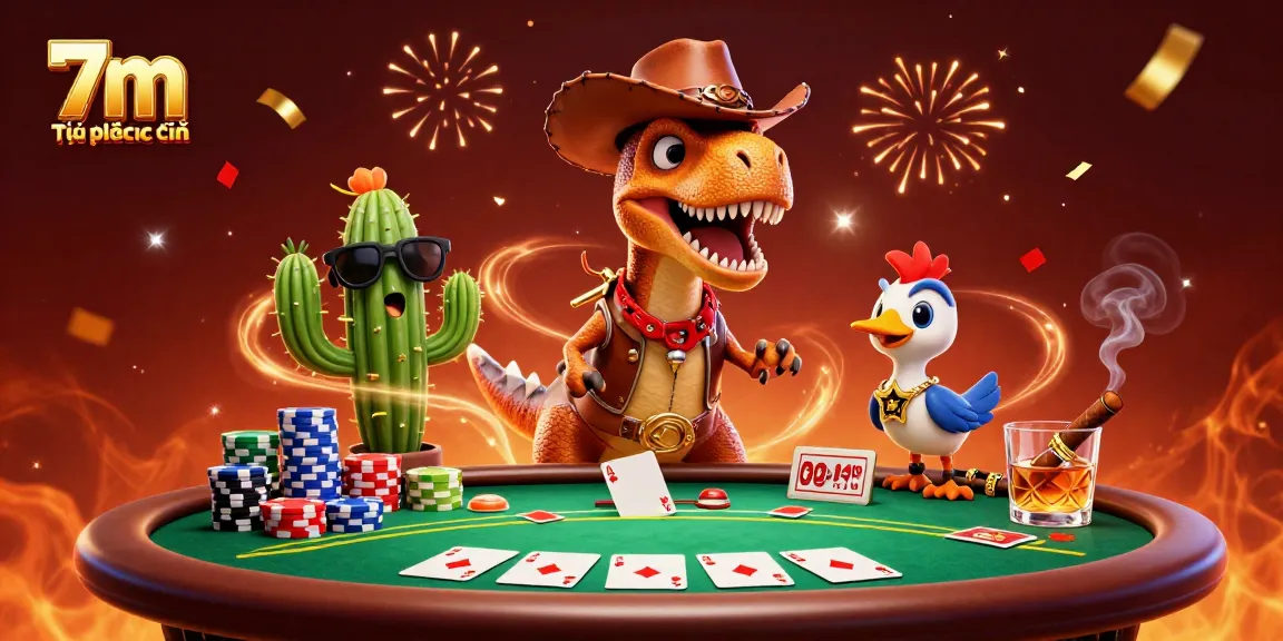 Engage with 7m tỷ lệ trực tuyến in an exciting poker scene featuring cartoon characters and vibrant casino elements.