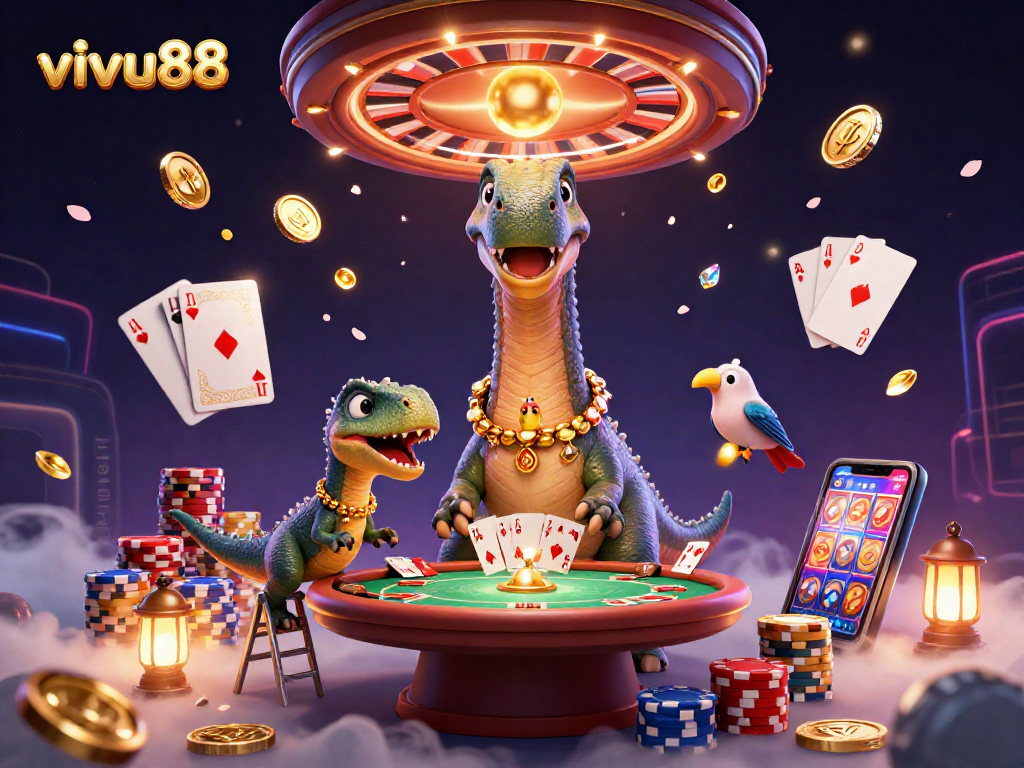Experience the excitement of vivu88 with a dynamic casino scene featuring a towering brontosaurus and clever raptor.