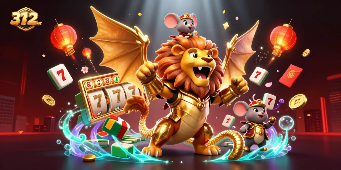 Engage with vibrant slots excitement at 312bet, featuring a chimeric creature in a dynamic casino atmosphere.