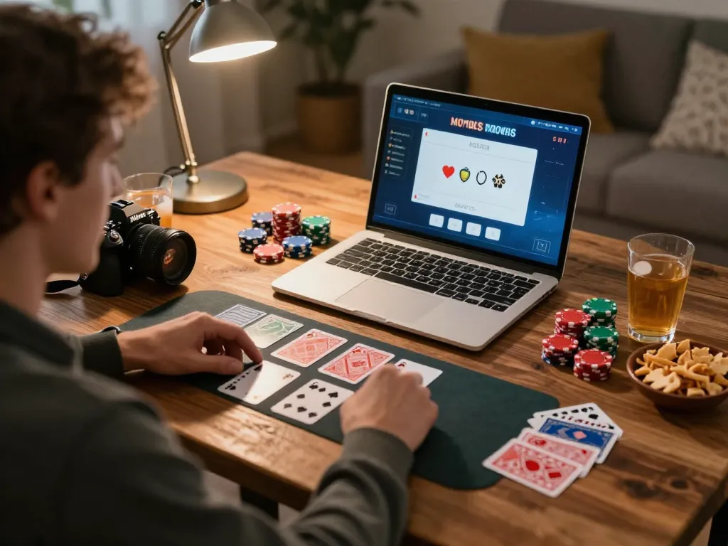 Player engaging in an online poker game on a laptop, showcasing MK8 gaming excitement and strategy at home.