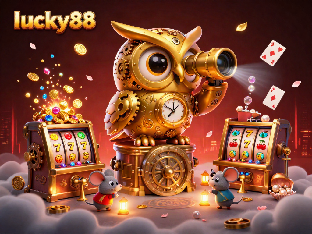Spin lucky88 slot machines with a clockwork owl scanning a busy casino scene filled with gold and gems.