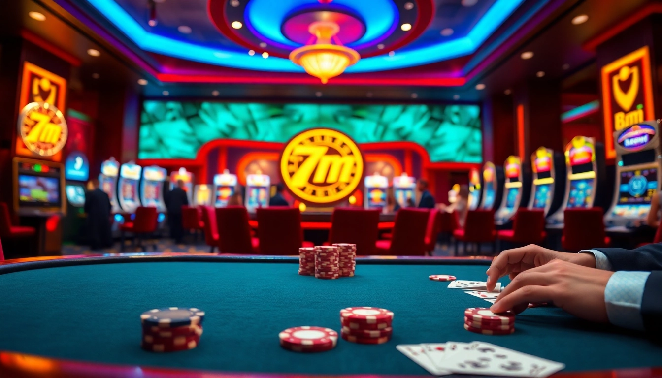 Excited players at a poker table, with '7m' showcased amid vibrant casino elements.