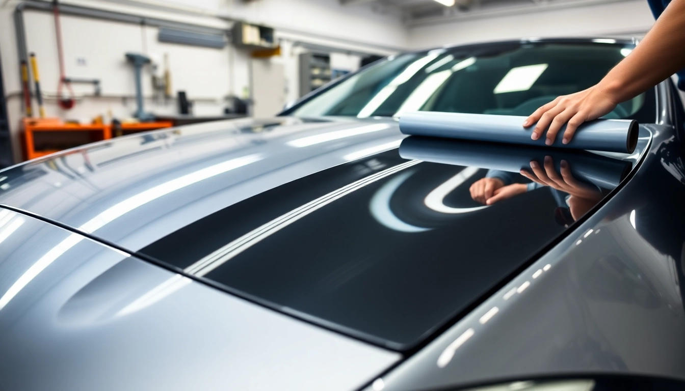 Applying paint protection film near me on a sleek car in a professional setting.