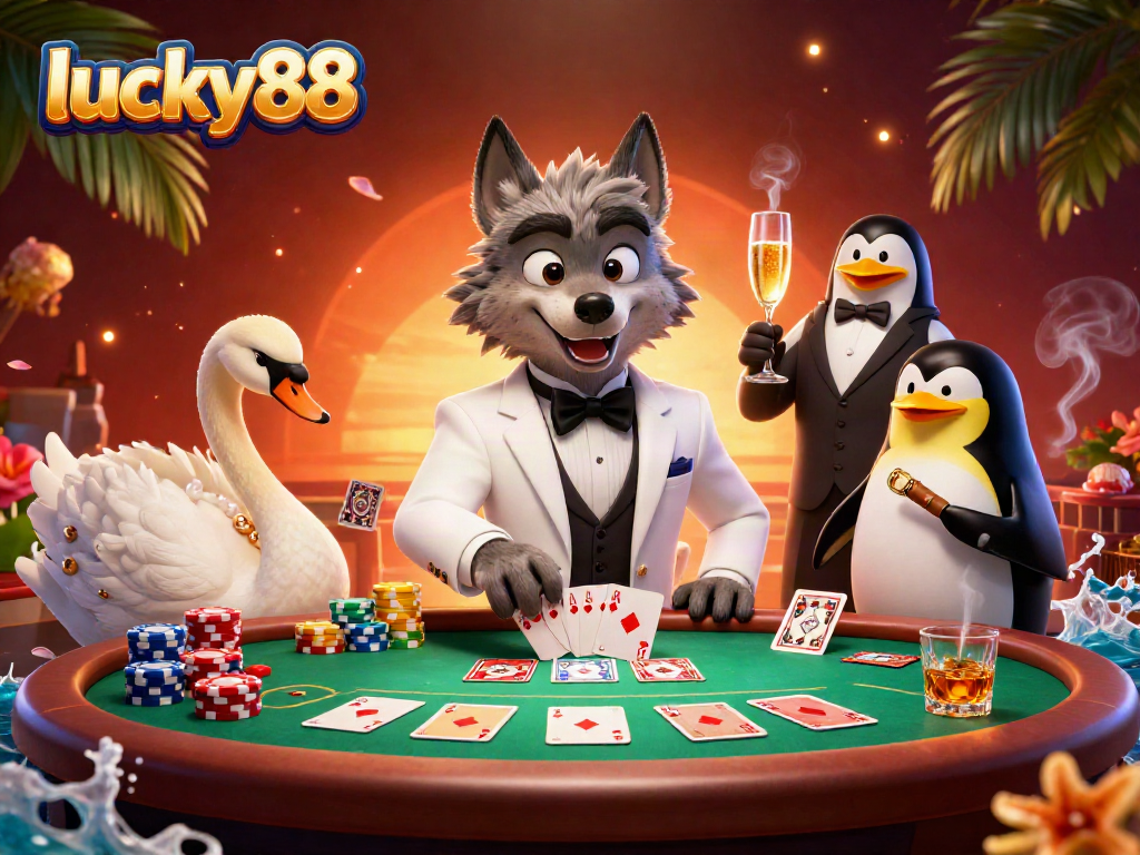 Experience the thrill of lucky88 at a casino with a debonair wolf and elegant swan dealing cards.