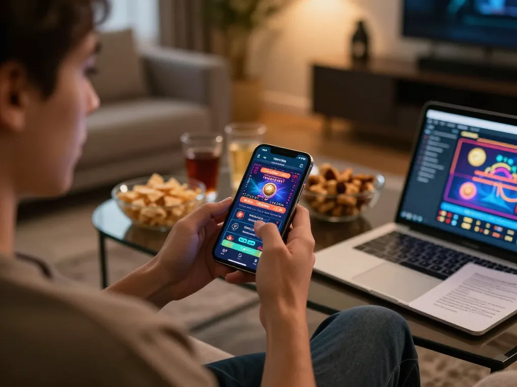 Player enjoying online casino gaming on smartphone while relaxing at home with 27G app