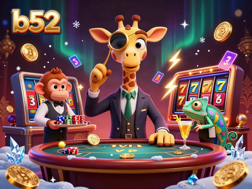 Experience b52 gaming with a high-roller giraffe at a vibrant casino table, surrounded by dynamic elements.
