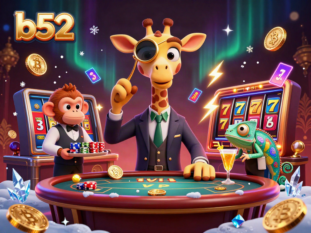 Experience b52 gaming with a high-roller giraffe at a vibrant casino table, surrounded by dynamic elements.