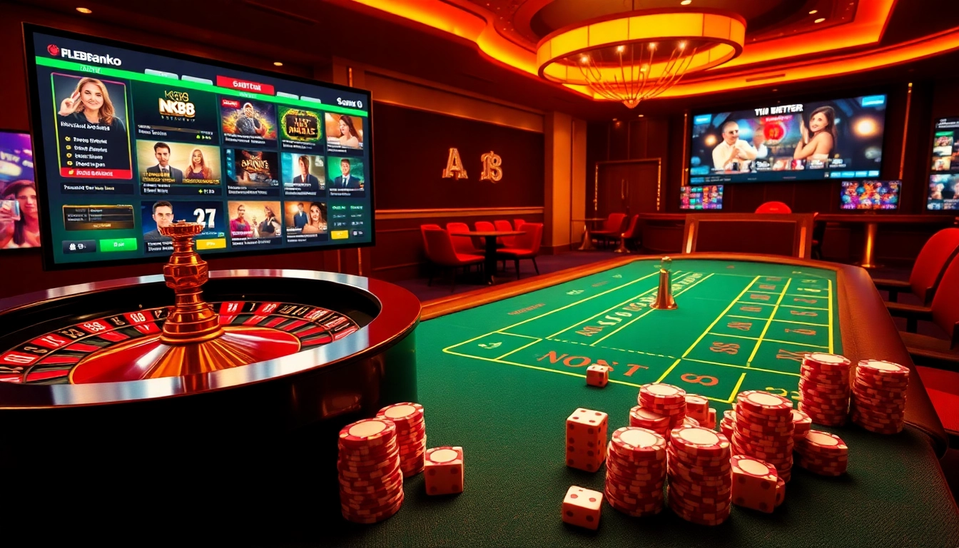 Experience the luxury of NK88 online gambling with vibrant tables, poker chips, and roulette.