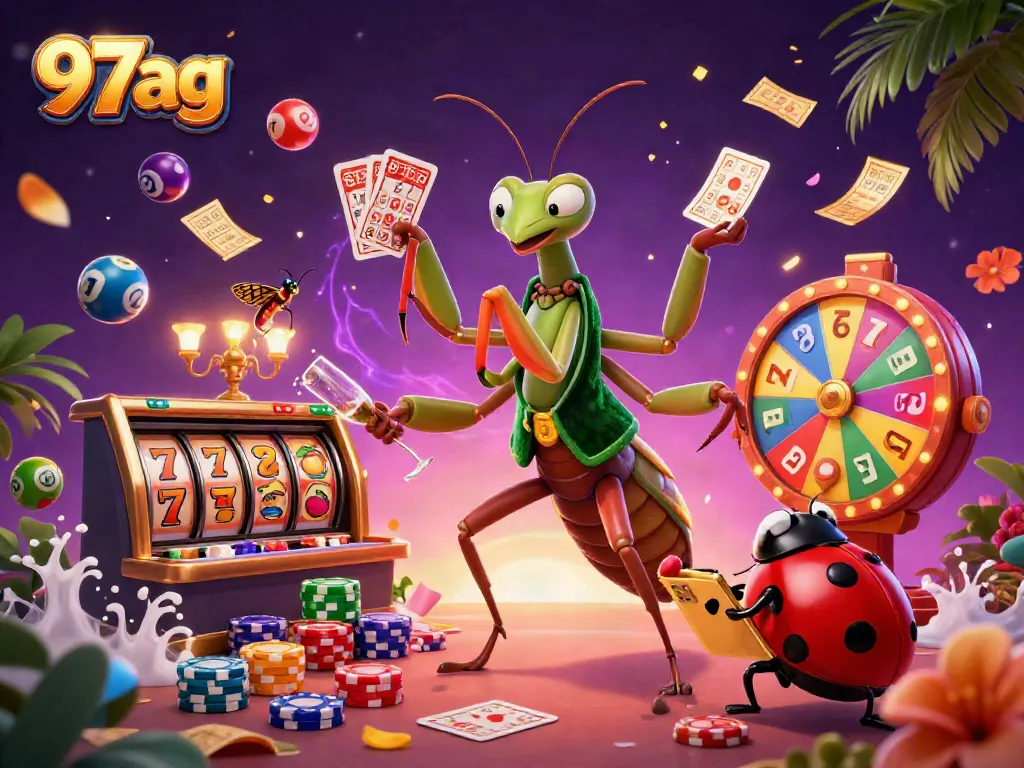 Experience thrilling casino excitement with 97ag's vibrant gaming illustration featuring whimsical characters and dynamic elements.