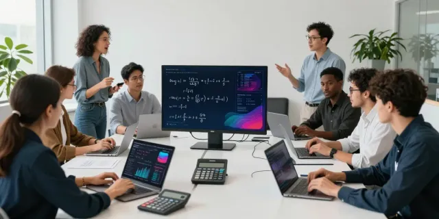 Grupo de profissionais colaborando com calculadoras em ambiente de escritório moderno.