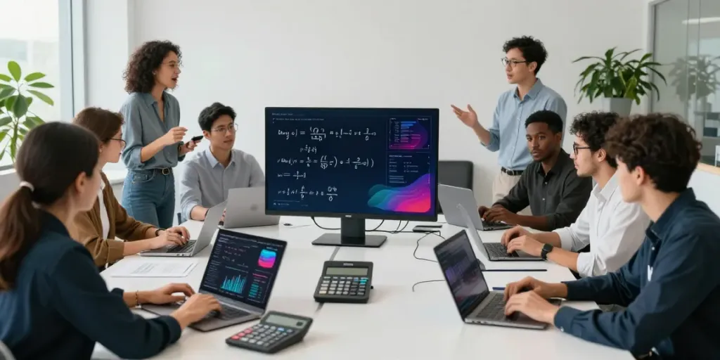 Grupo de profissionais colaborando com calculadoras em ambiente de escritório moderno.