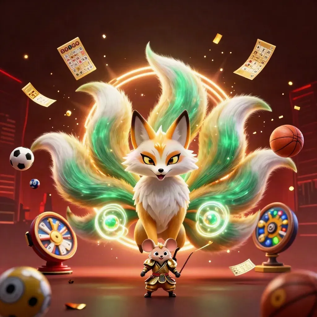 Raposa espiritual de nove caudas e rato samurai cercados por bolas de loteria e luz neon.