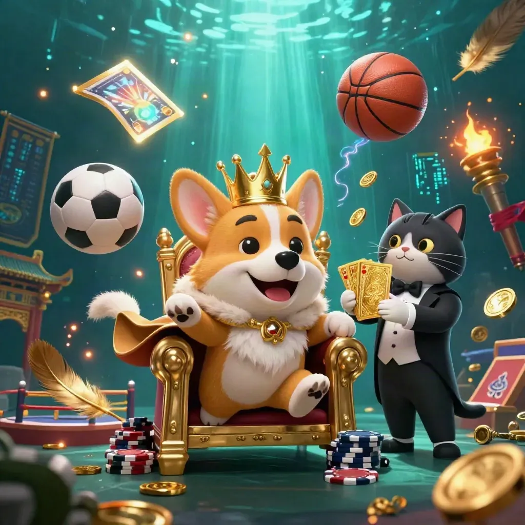 Corgi coroado e gato mordomo entre bolas, moedas e luzes neon em cenário premium de cassino.