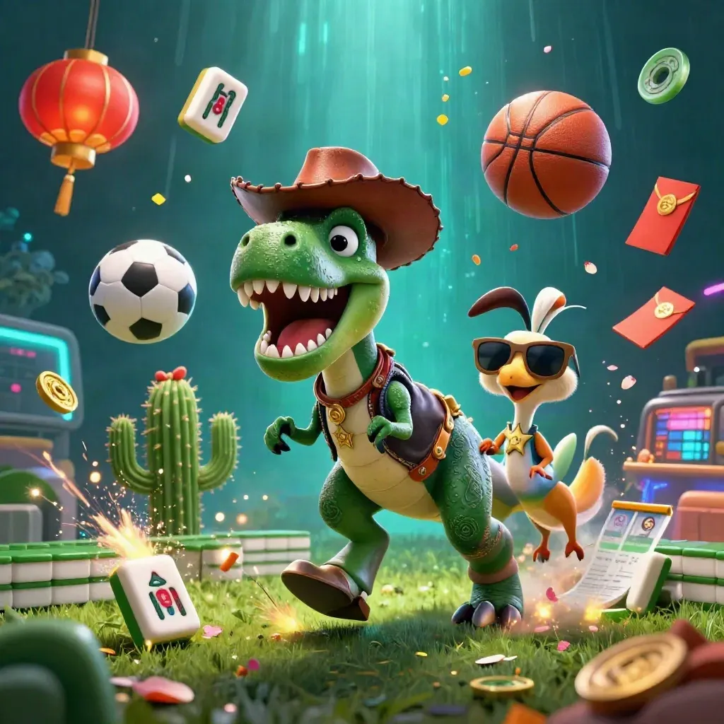T-Rex cowboy, roadrunner e cacto 3D, bola e moedas voando, clima premium verde e dourado.