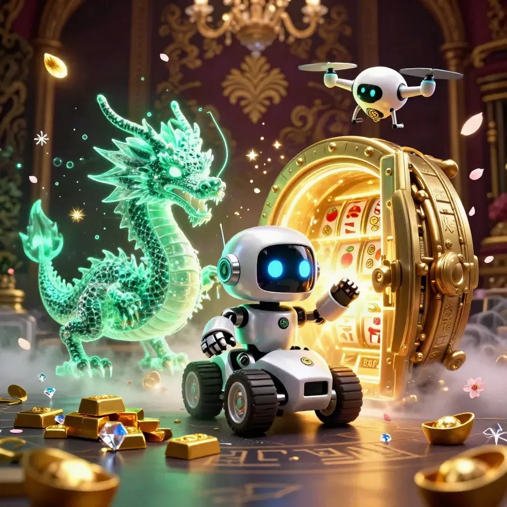Robô cyberpunk, dragão holográfico e drone cercam cofre de ouro explodindo em gemas e luz.