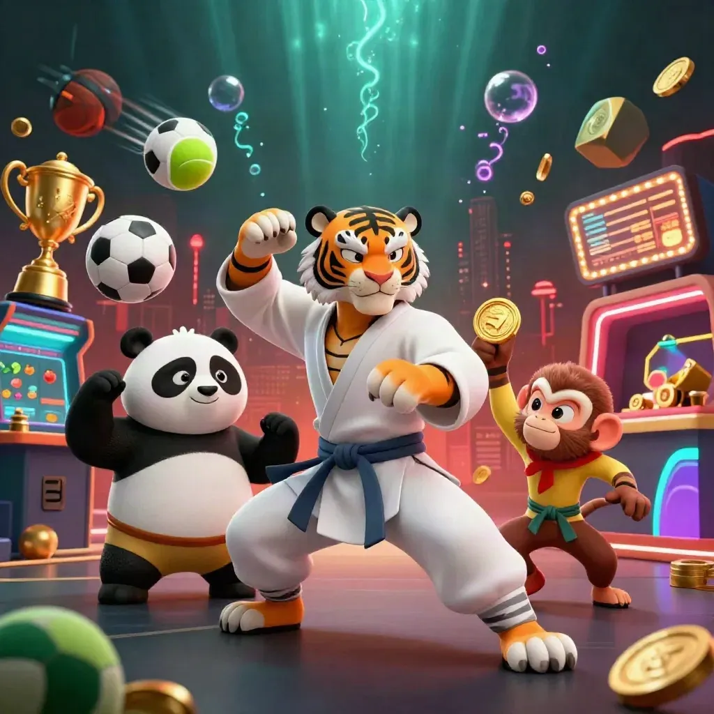 Tigre mestre, panda e macaco em ação com bolas, troféu e moedas em cenário neon premium.