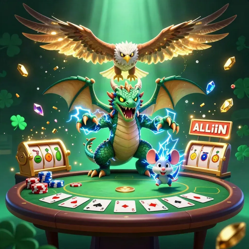 Dragão, falcão e ratinho elétrico cercados por fichas, cartas e brilho verde premium.