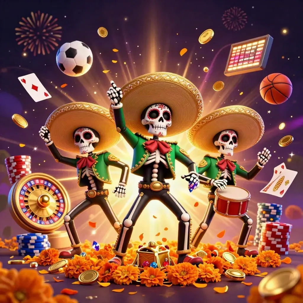 Trio esqueleto mariachi celebra com moedas, roleta, cartas e brilho dourado em fundo roxo.