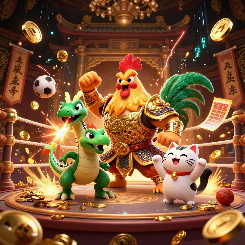 Galo samurai, dragão bebê e gato da sorte celebrando entre moedas e faíscas douradas.