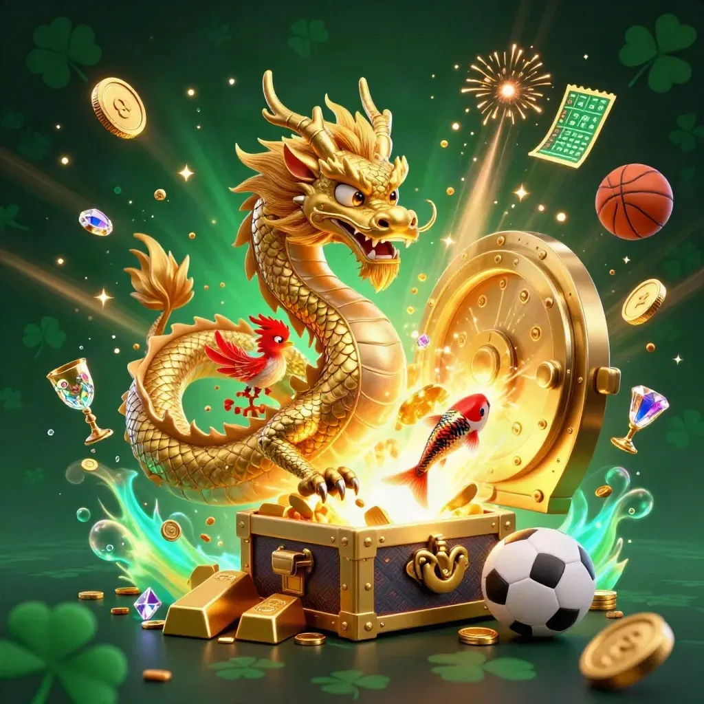 Dragão dourado cercado de tesouros, fênix, carpa, bolas e luzes explosivas.