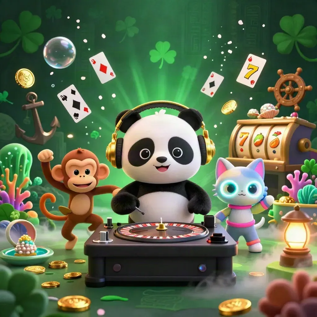 Panda DJ, macaco dançarino e gatinho neon em cova de tesouro subaquática dourada e verde.