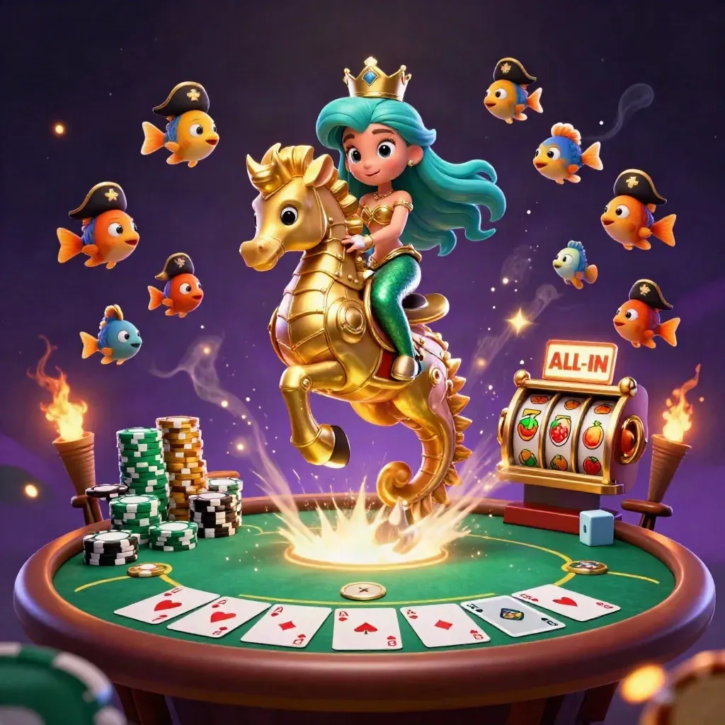 Sereia princesa em cavalo-marinho dourado cercada por cartas, fichas e peixes piratas.