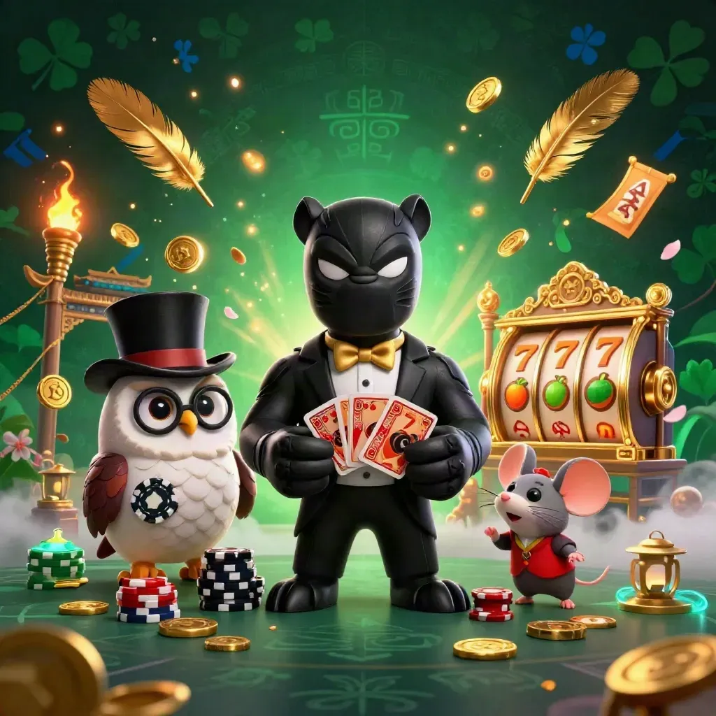 Pantera de terno, coruja e rato em cena de cassino premium com cartas e fichas.