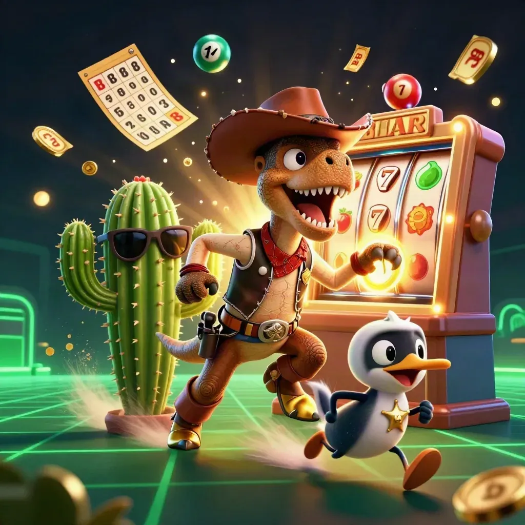 T-Rex cowboy, cacto e roadrunner em clima de cassino neon, com roletas e fichas douradas.