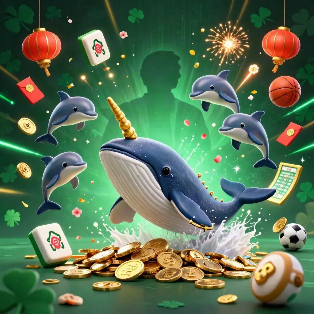 Baleia capitão, narval e golfinhos em meio a moedas, lanternas e brilho verde-dourado.