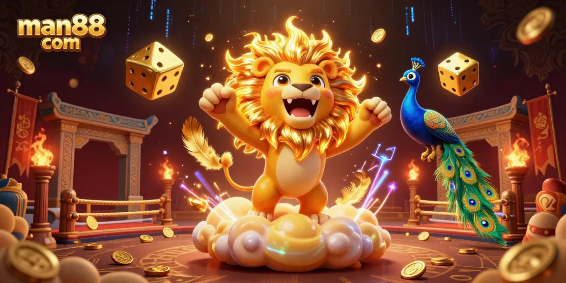 Engage with man88 com through a dynamic 3D digital illustration showcasing thrilling gambling elements.