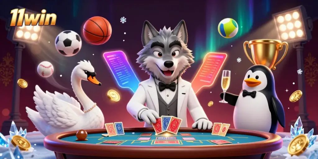 Experience thrilling baccarat action at 11win with a debonair wolf and elegant swan dealers