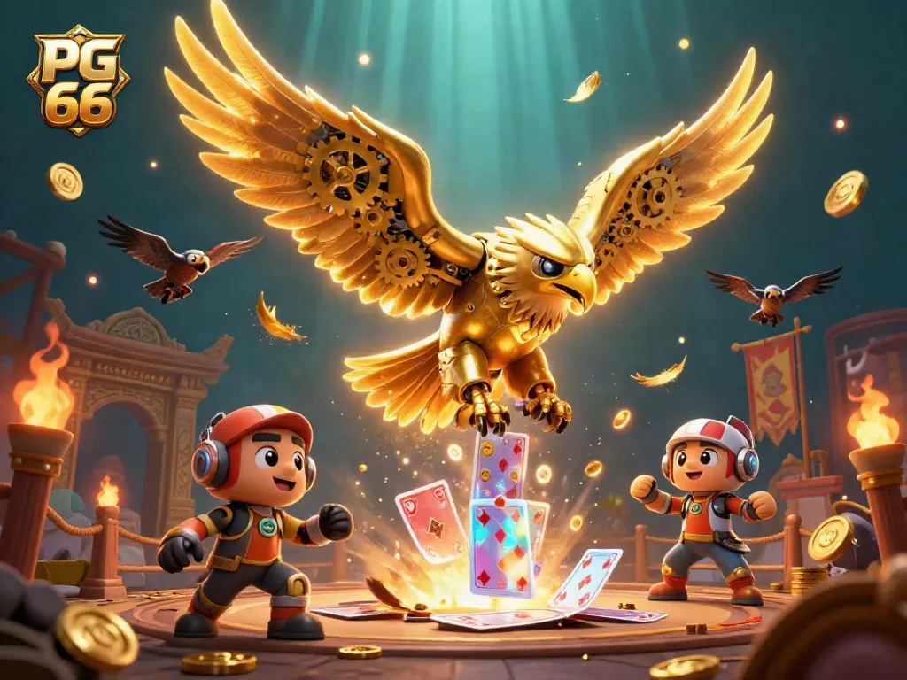 Experience thrilling gaming with PG 66 in this vibrant 3D illustration of a cybernetic eagle amidst casino elements.