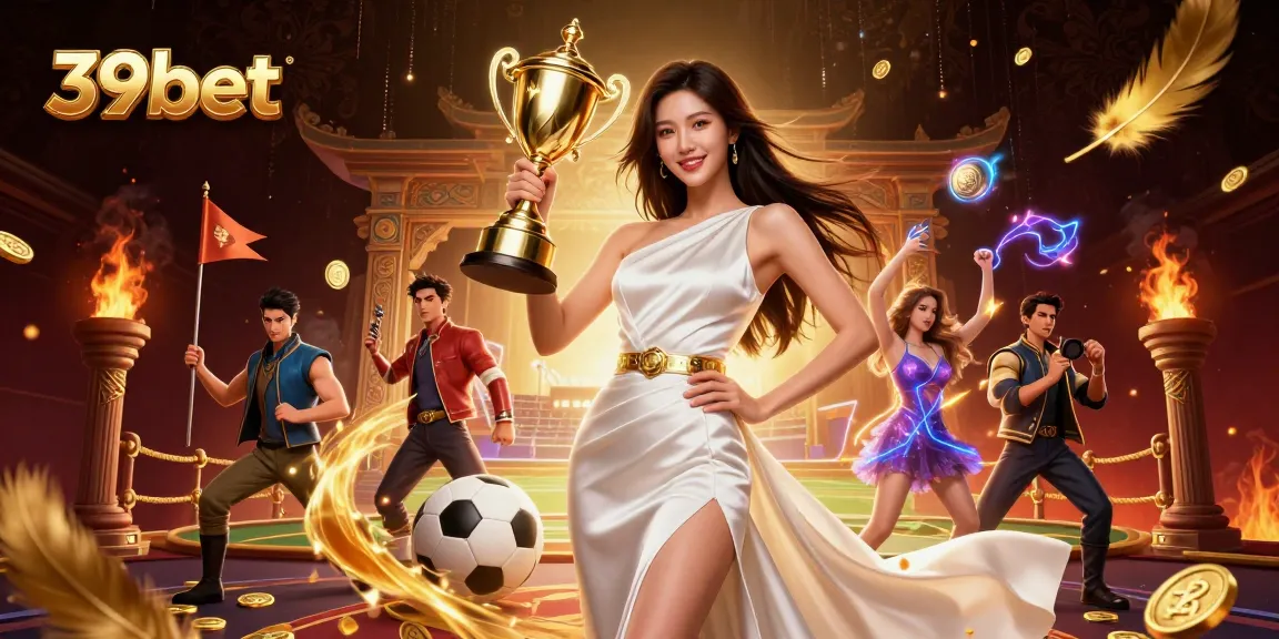 39bet features a triumphant Asian woman celebrating victory in a vibrant casino scene.