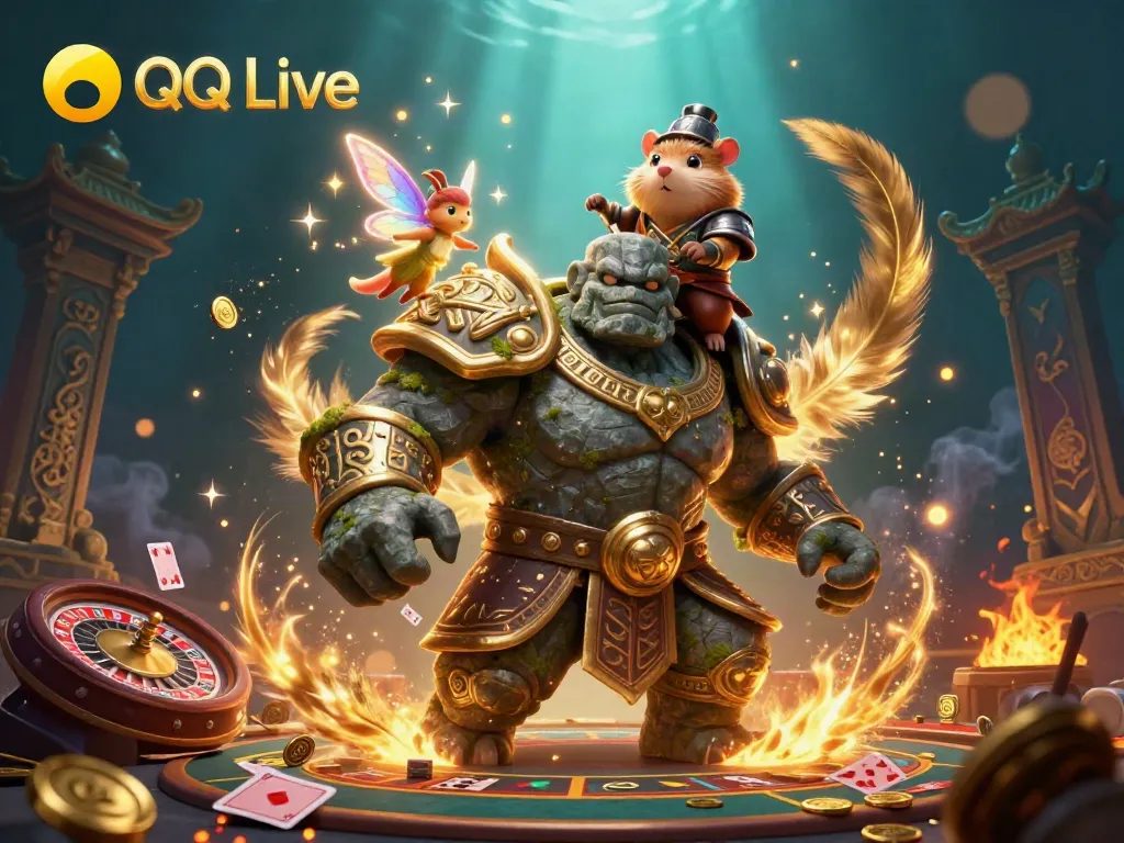 Experience thrilling moments with QQ Live as a golem guardian, fairy, and hamster knight showcase a live casino adventure amidst gold coins and magical effects.