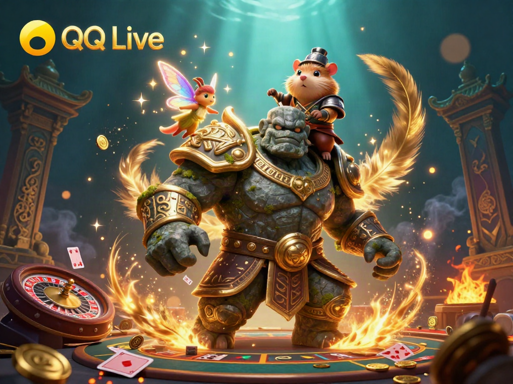 Experience thrilling moments with QQ Live as a golem guardian, fairy, and hamster knight showcase a live casino adventure amidst gold coins and magical effects.
