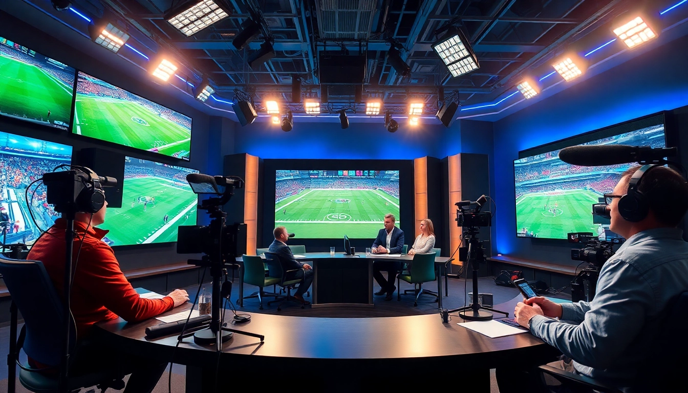 Engaging moment in Sports Broadcasting with anchors discussing live events in a dynamic studio.