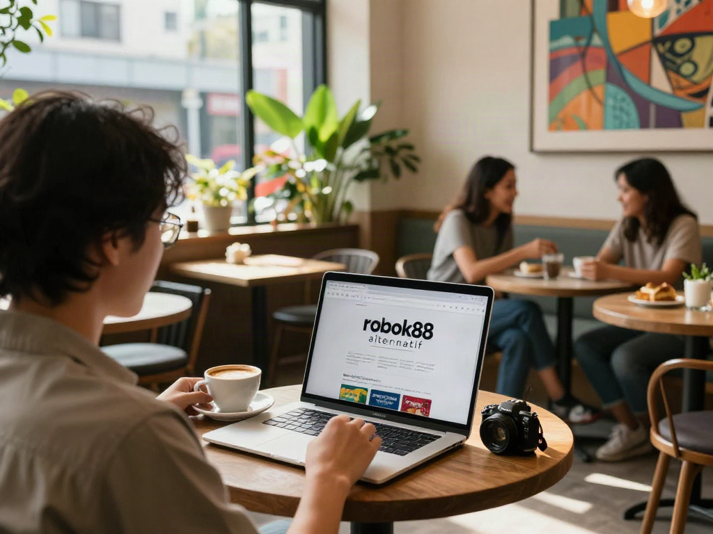 Person enjoying coffee at café while exploring rokok88 alternatif on laptop