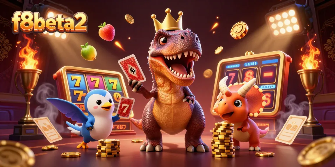 Experience winning at f8beta2 with a T-Rex shuffling cards and a triceratops stacking chips in a vibrant casino illustration.