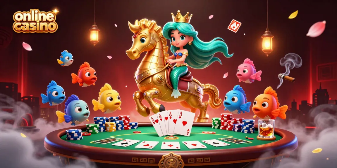 Experience the thrill of online casino games with vibrant mermaid princess and poker scene.