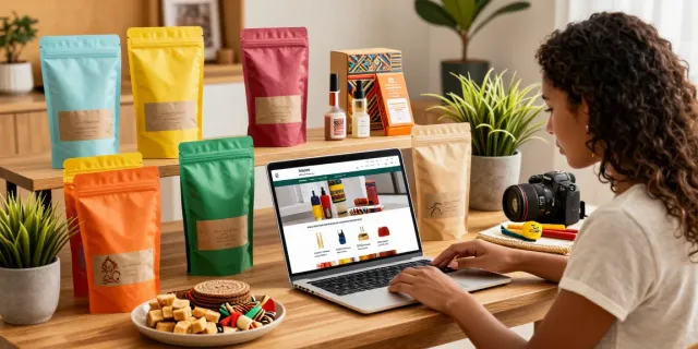 Shop for Produtos showcasing Brazilian artisan goods in an inviting marketplace.