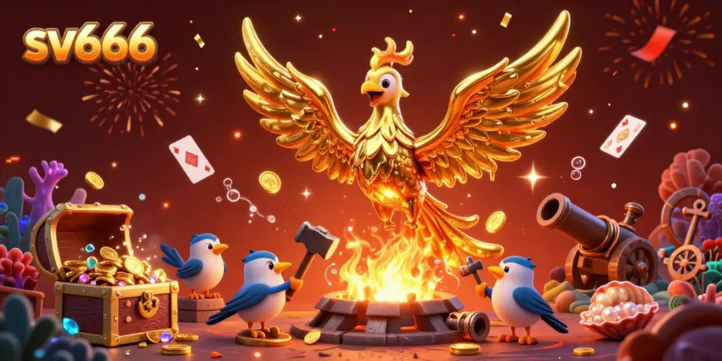 Experience the vibrant world of sv666 with a molten golden phoenix and sparkling treasures, capturing the essence of online gambling excitement.